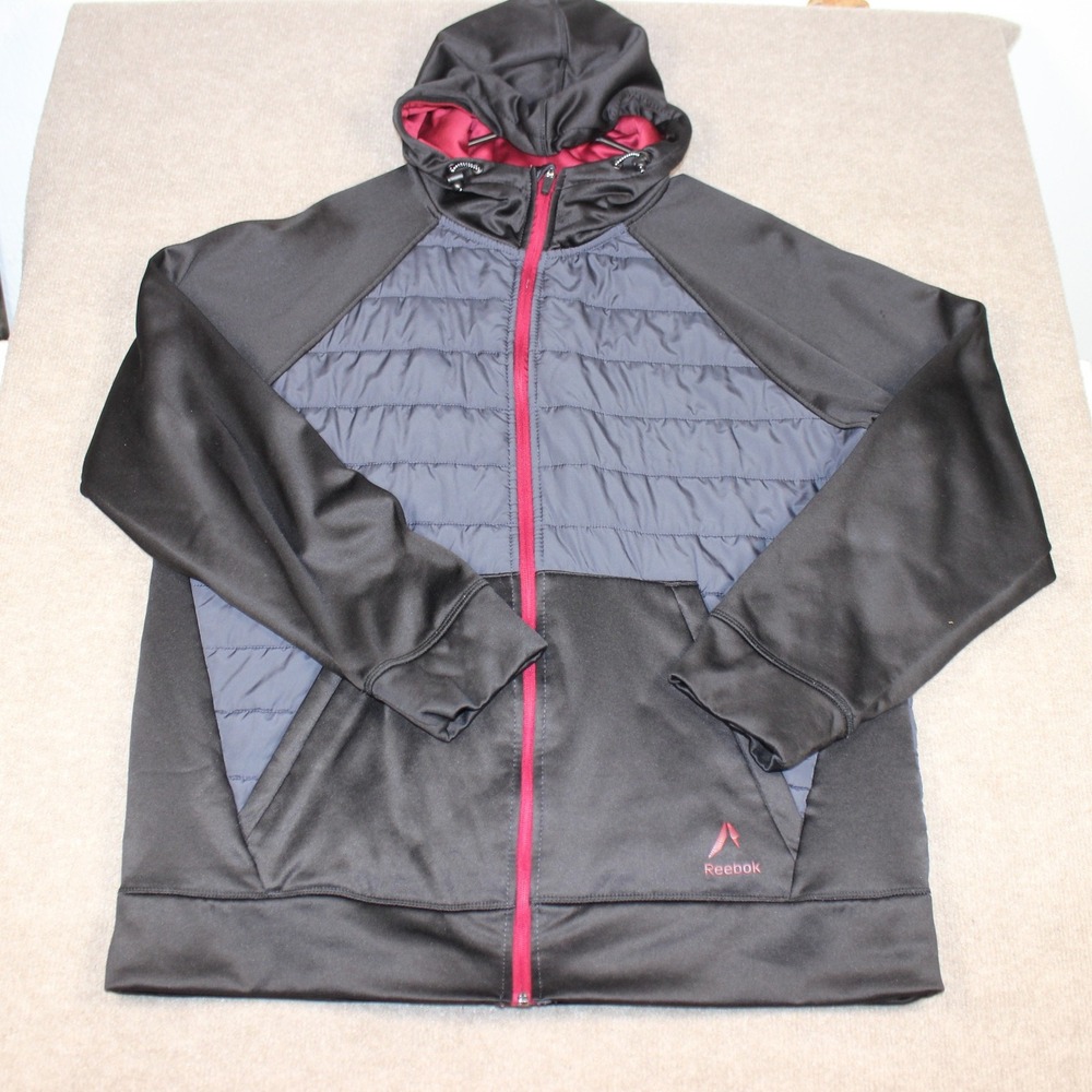 Reebok Mens Hybrid Quilted Puffer Hoodie Jacket Black Grey Full Zip XL